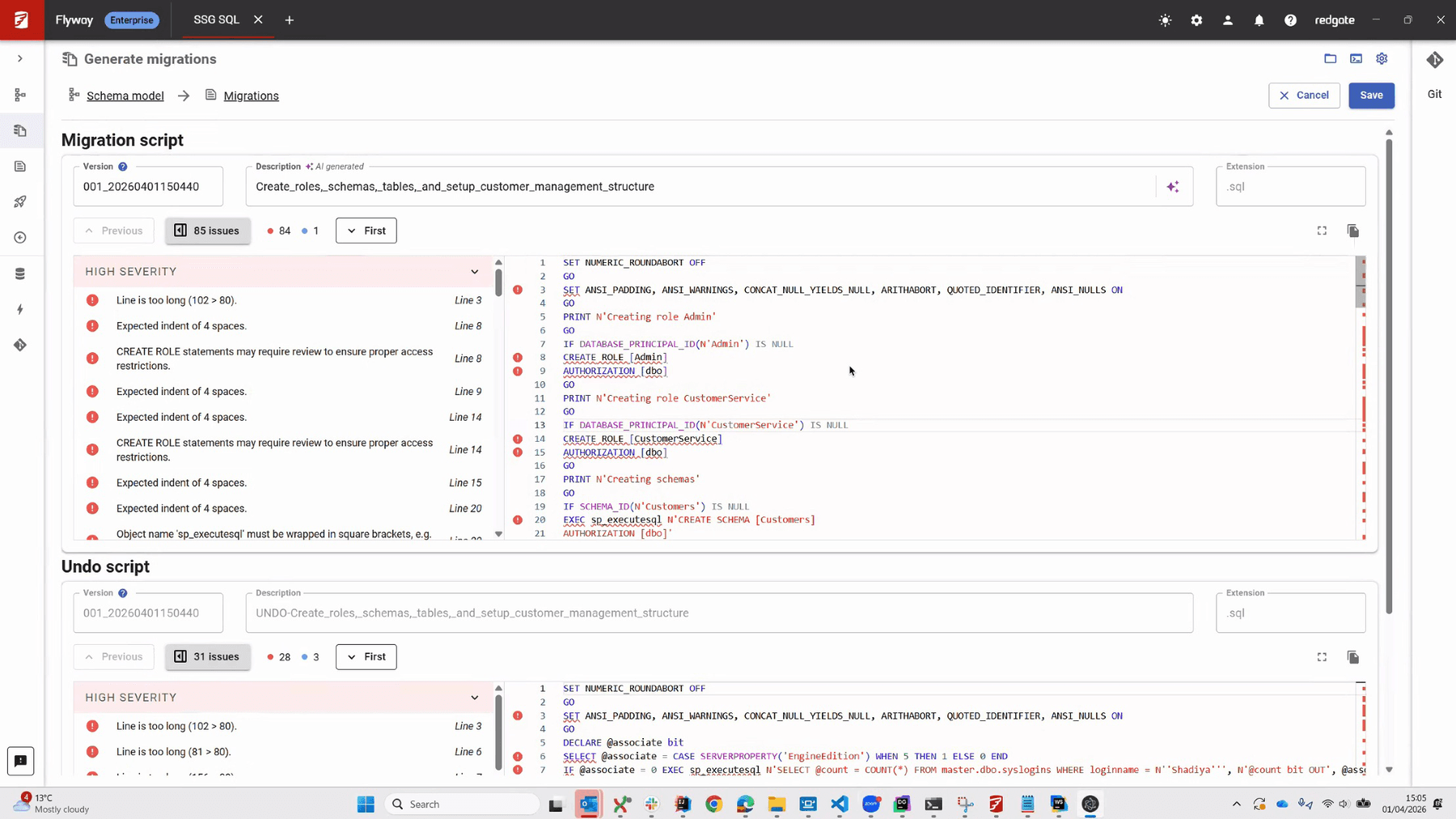 Flyway Desktop’s Generate migrations view showing a violations panel with high-severity issues listed by line number, next to a SQL migration script with flagged lines highlighted.