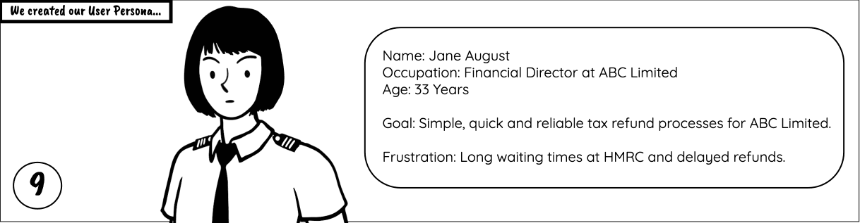 Persona card: Jane August, Financial Director at ABC Limited, age 33. Goal: simple, quick and reliable tax refund processes. Frustration: long waiting times at HMRC and delayed refunds.