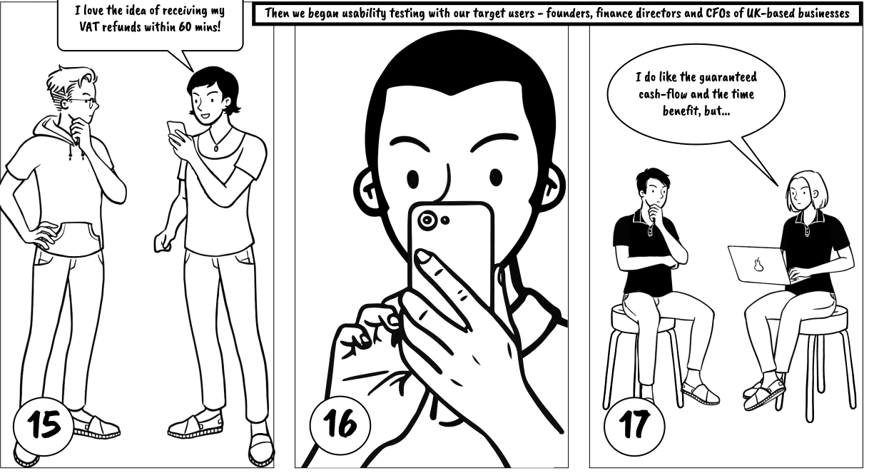 Storyboard panels showing a usability testing session for Instant VAT Refunds.